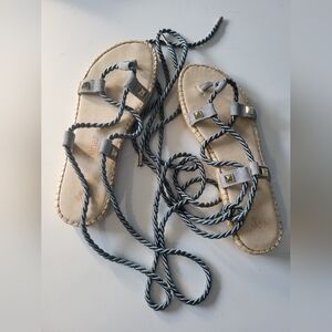 Macarena Suede Lace-up Flat Espadrille Beach Sandals Blue Size 38 US 8